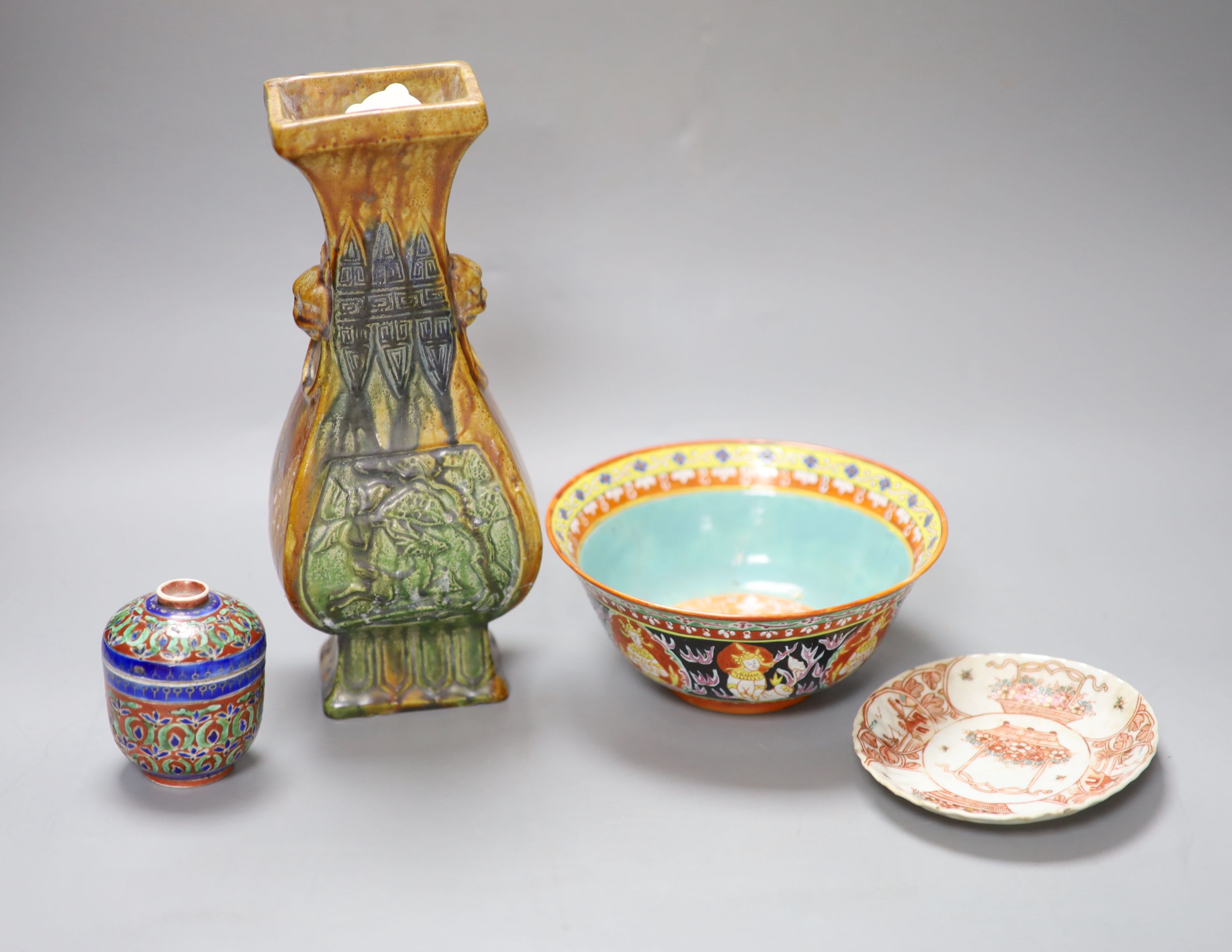 A group of Chinese ceramics, Qing or later, including a vase, height 26cm, a box and cover, a dish and a bowl (4)